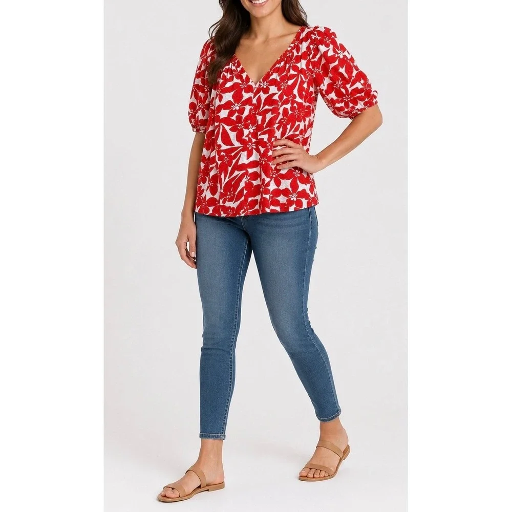 LOFT Floral Puff Sleeve Blouse Womens Medium Red White Cotton V-Neck Top Boho